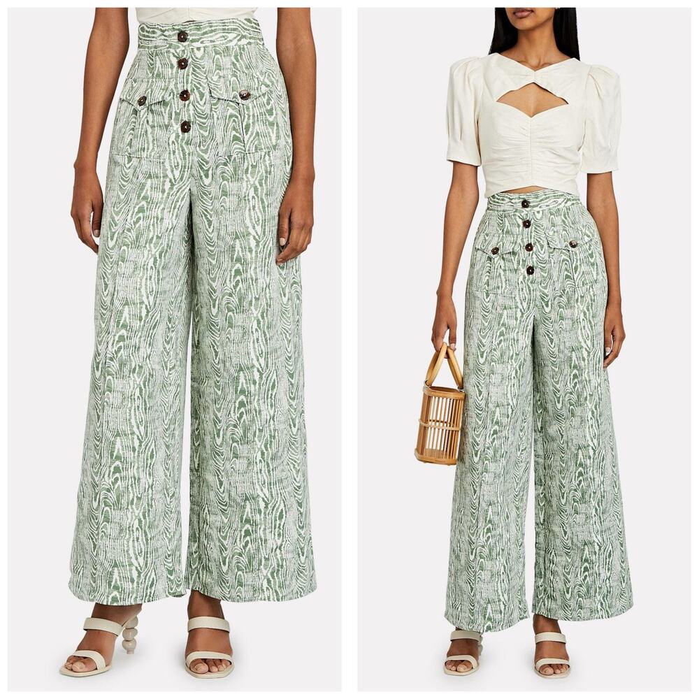 C/MEO Collective Energised Pants Green Print Size 4 Wide Leg High Rise Stretch